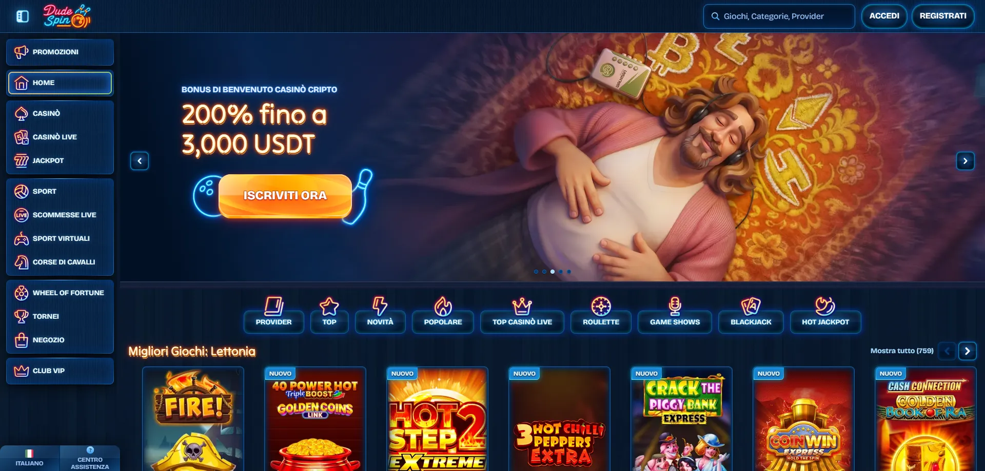 Dudespin Casino homepage — panoramica del casinò online italiano 2026